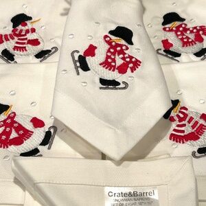 Crate & Barrel Christmas Winter Snowman on Ice Skates Cloth Napkins 4”x4” Set 8